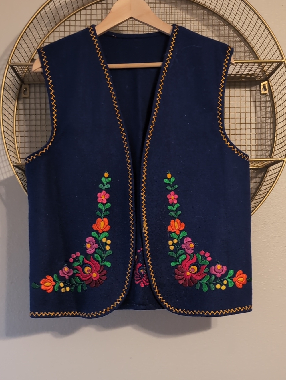 Navy Embroidered Floral Vest with Colorful Stitching